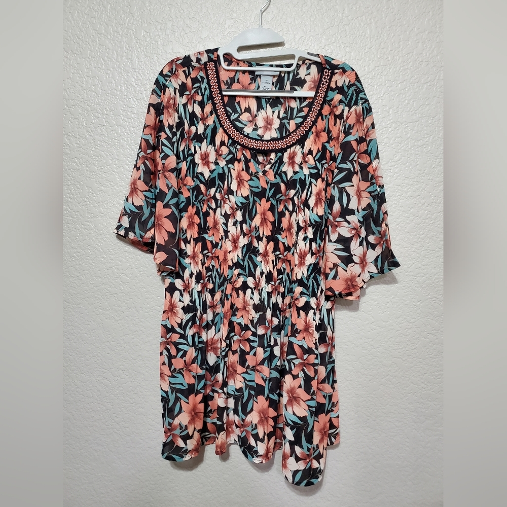 Catherines Black Short Sleeve Blouse Pink Floral Print Plus Size Women's Size 1X